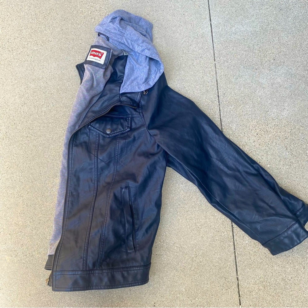 Levi's Men's Dark Blue Hooded Trucker Faux Leather Jacket -Size XL- Levi Jacket